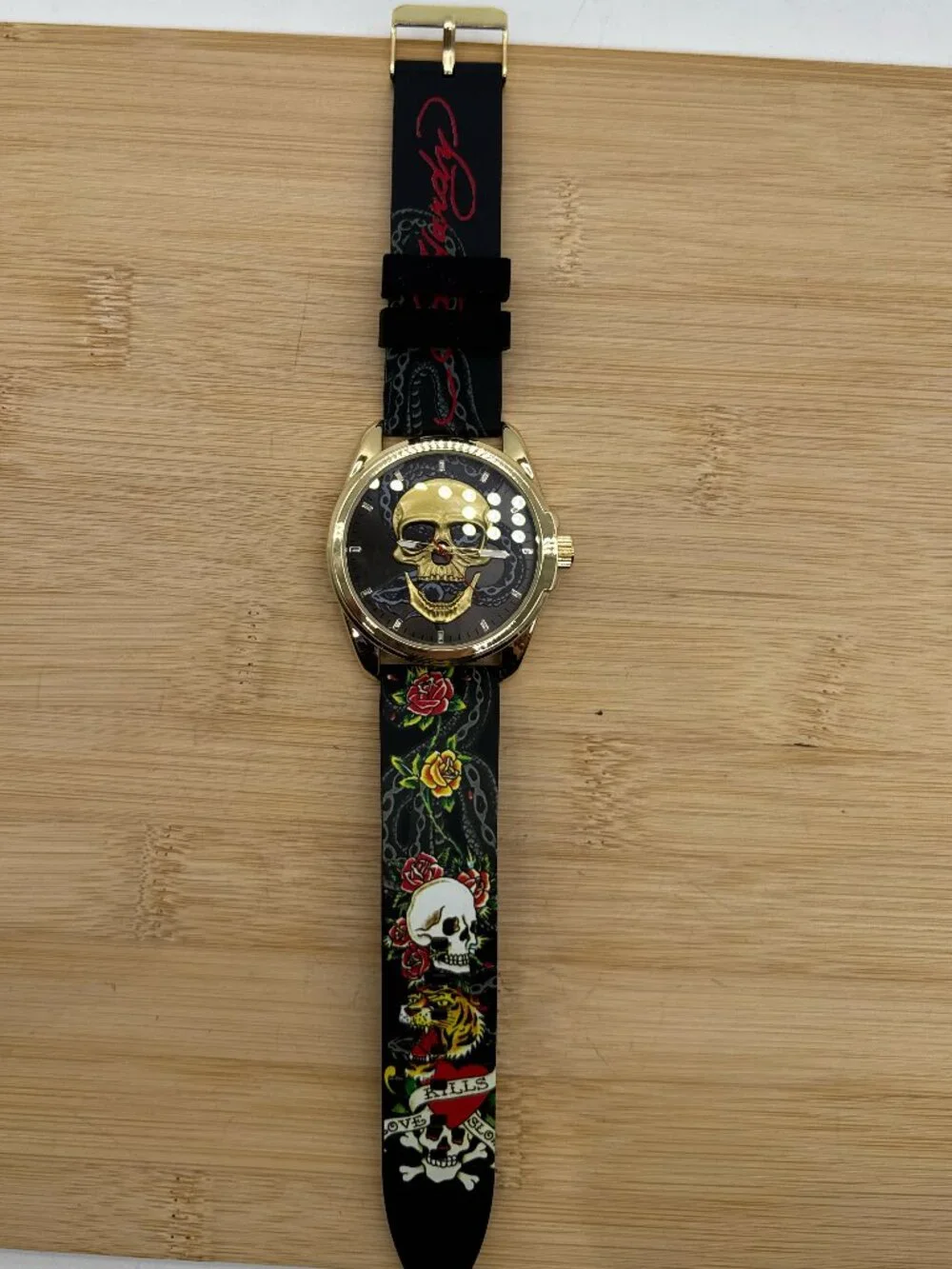 ED HARDY Skull Men's Quartz Movement Gold/Multicolor Print Analog Watch (2)